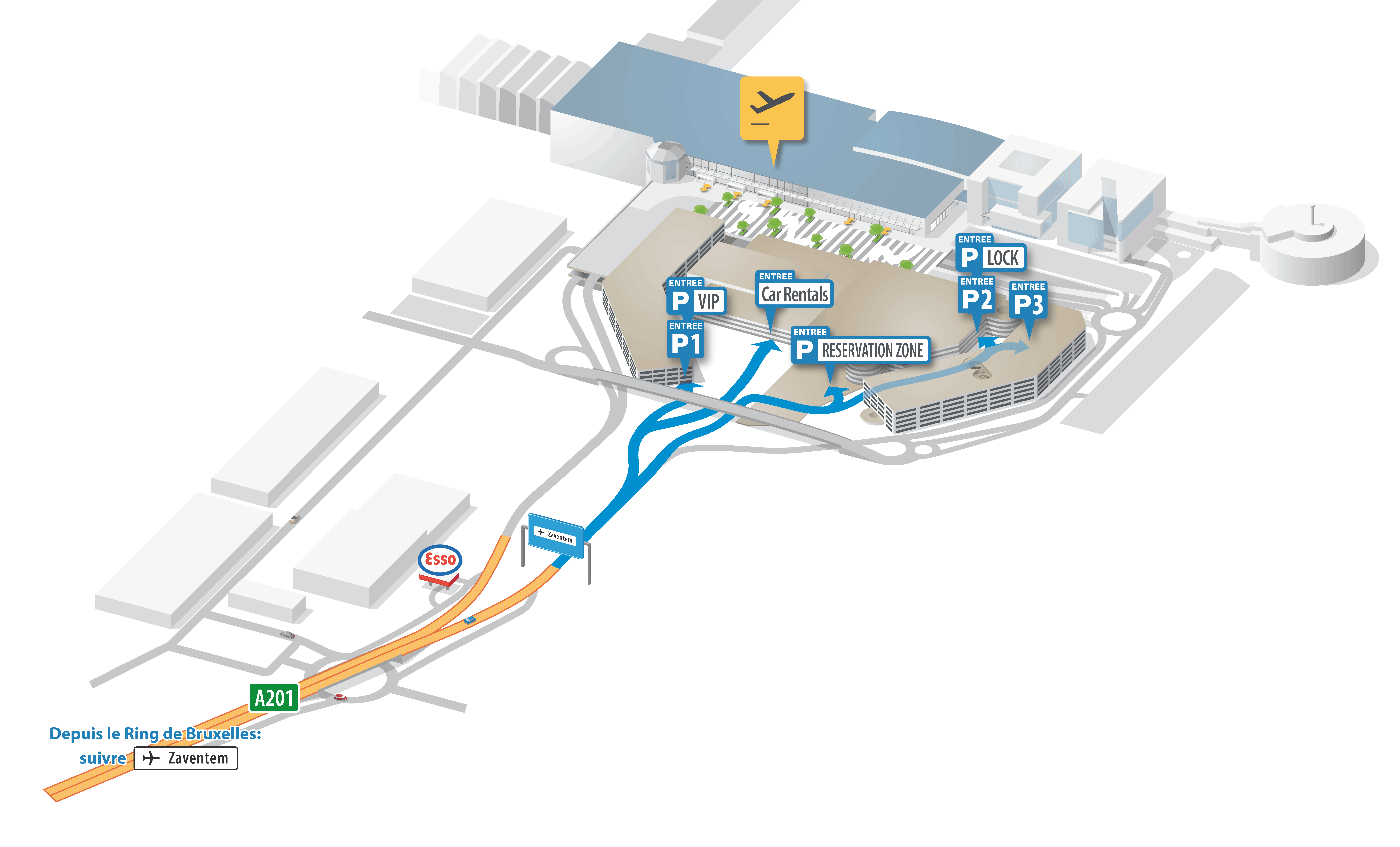 Map with the drop-off, bus and train station, taxi ranks, car parks P2 and P3 marked