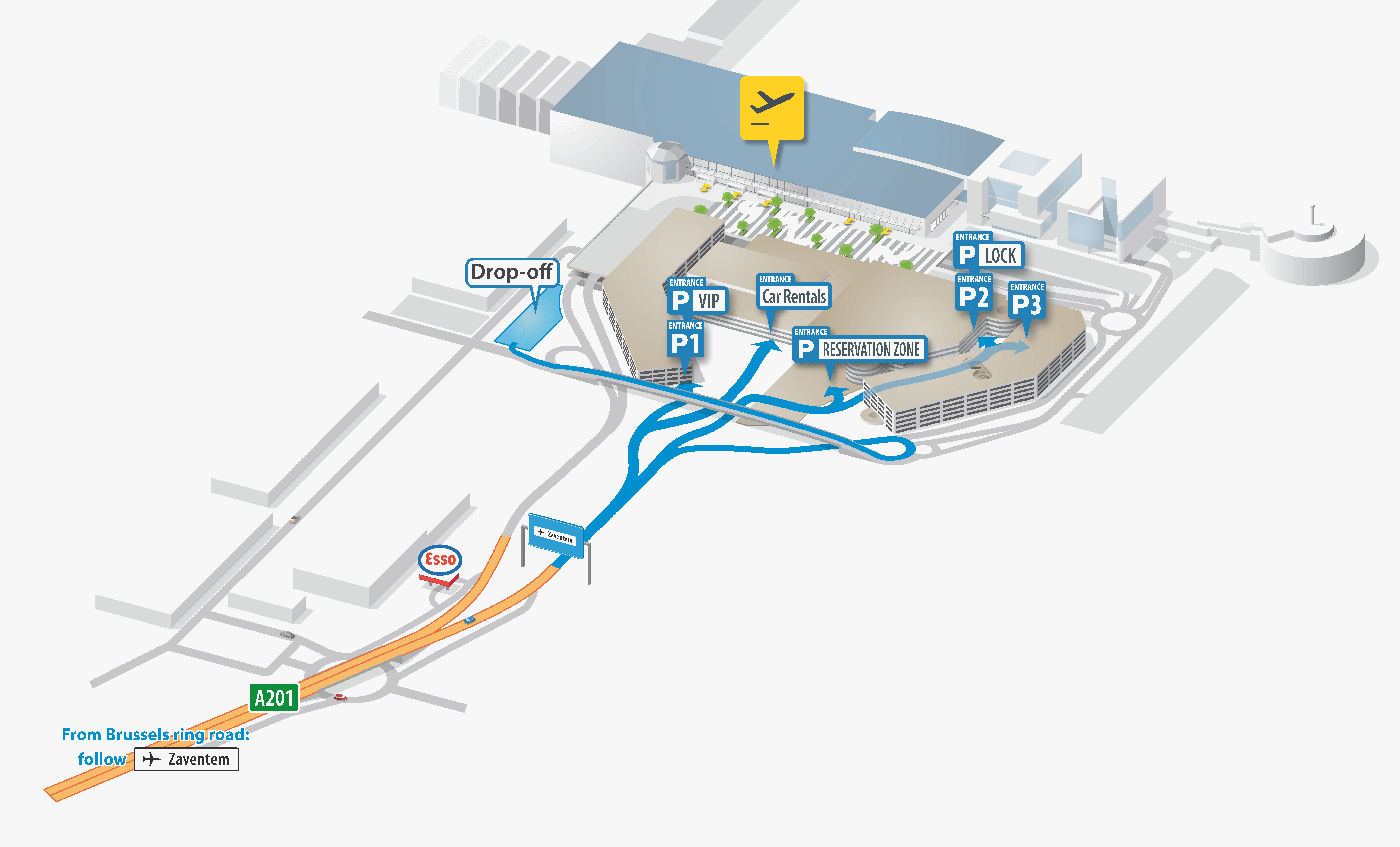 map of Brussels Airport with parking for leisurely goodbyes